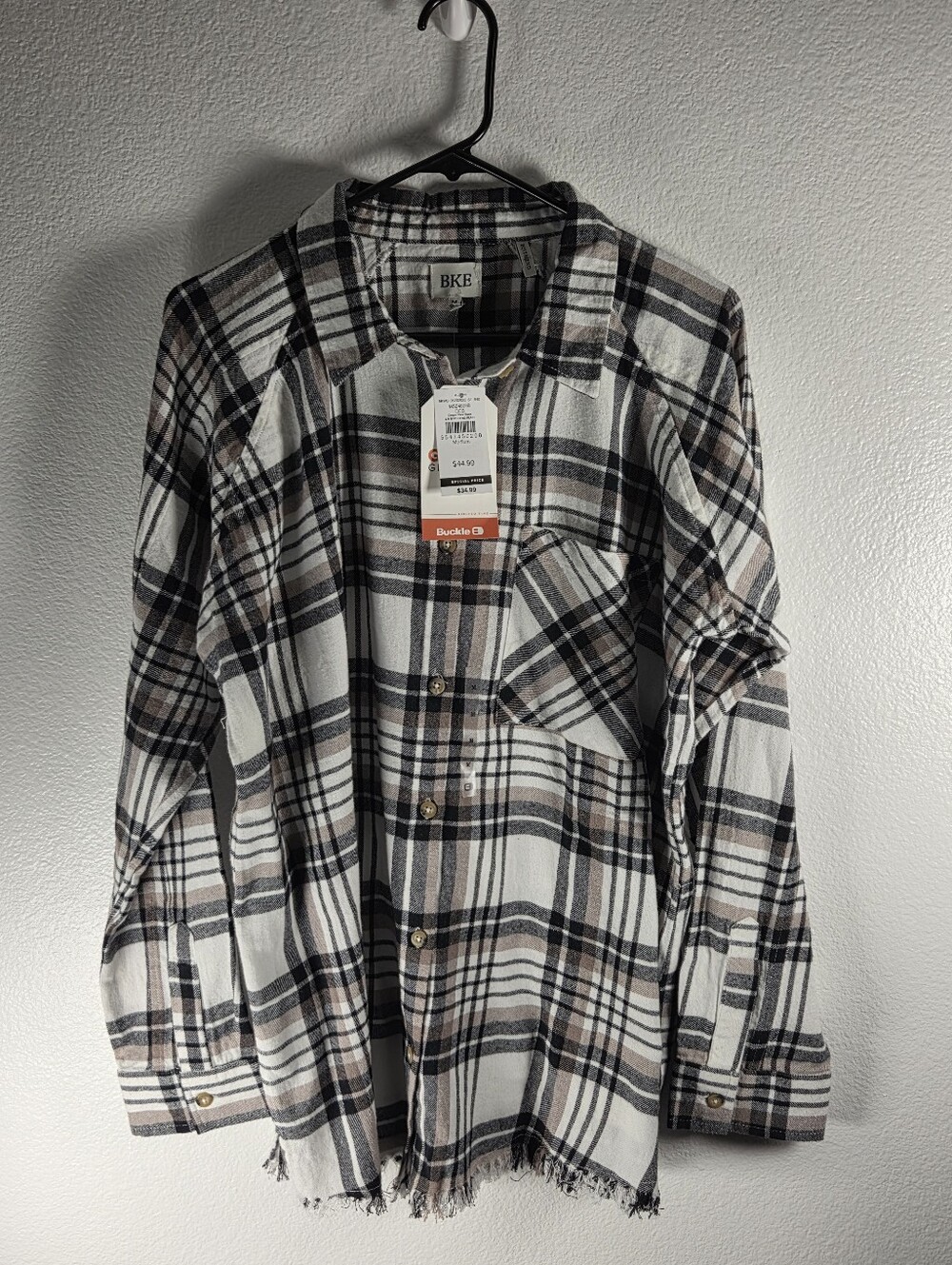 BKE Women's Size M -Plaid BOYFRIEND Button-Front Shirt  in White, Black & Brown